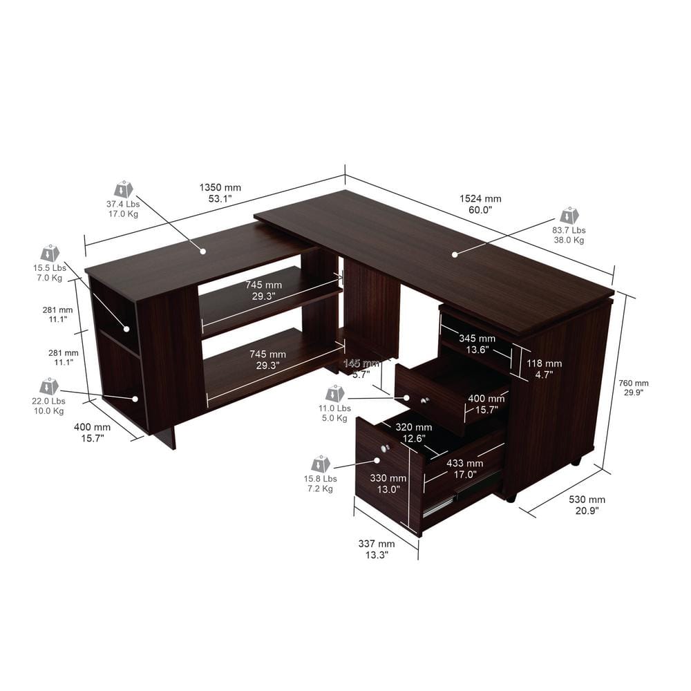 Espresso L-Shaped Corner Computer Desk with Filing Cabinet