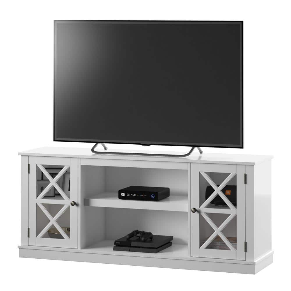 White Modern Farmhouse TV Stand with Glass Doors and Fireplace