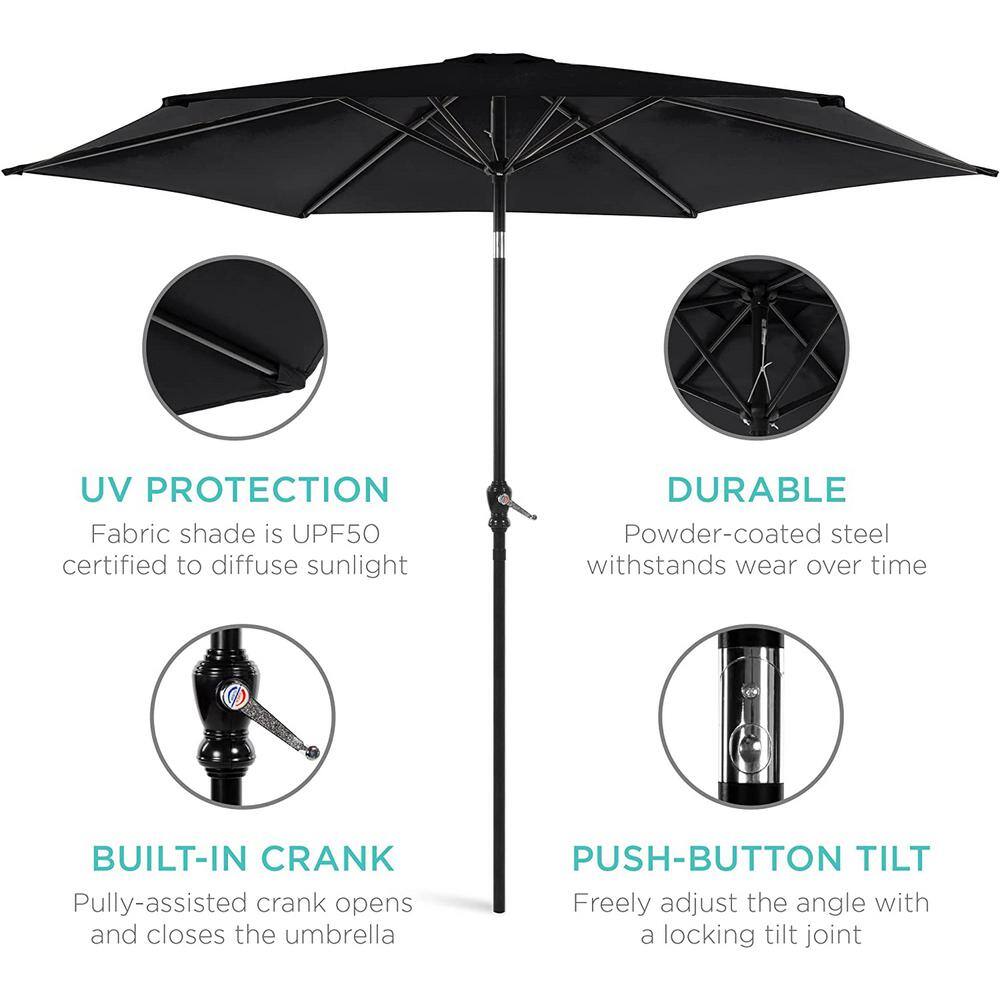 10ft Black Powder-Coated Steel Outdoor Patio Umbrella with Crank