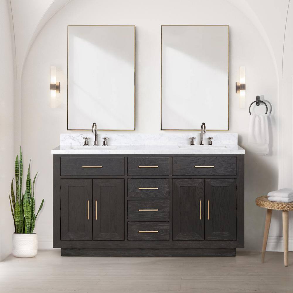 Lexora Condor 60 in W x 22 in D Brown Oak Double Bath Vanity, Carrara ...