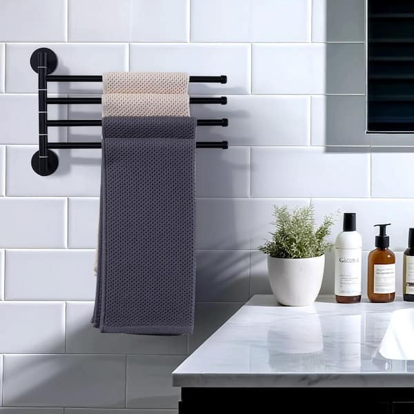 13.2 in. Wall Mounted Stainless Steel 4-Arm Swivel Bathroom Towel Holder Towel Bar in Matte Black