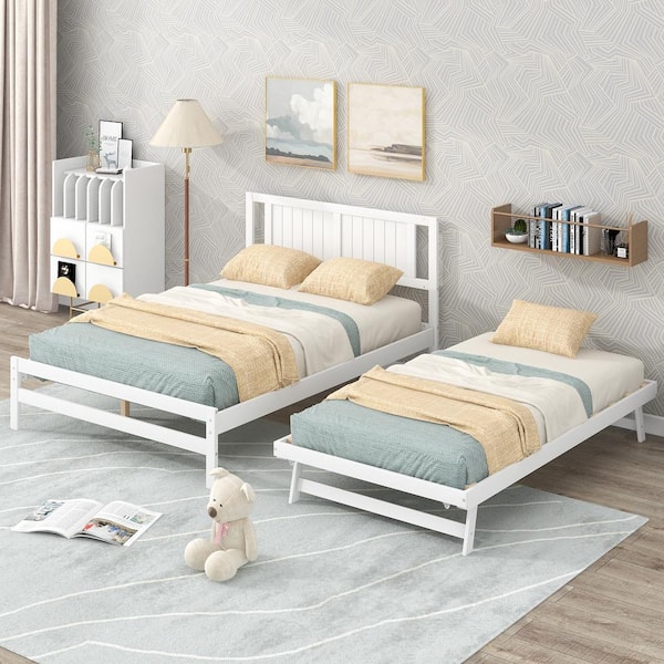 Polibi White Wood Frame Full Size Platform Bed with Adjustable Trundle