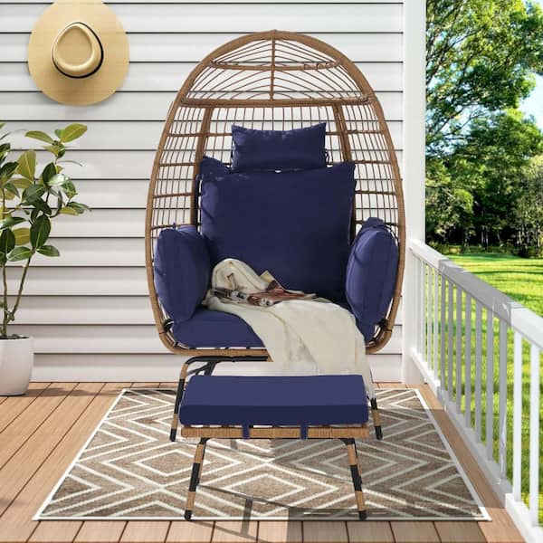Unbranded Brown Wicker Outdoor Lounge Chair with Blue Cushions, Egg Chair Wicker Outdoor Chairs, Egg Basket Lounge Chair