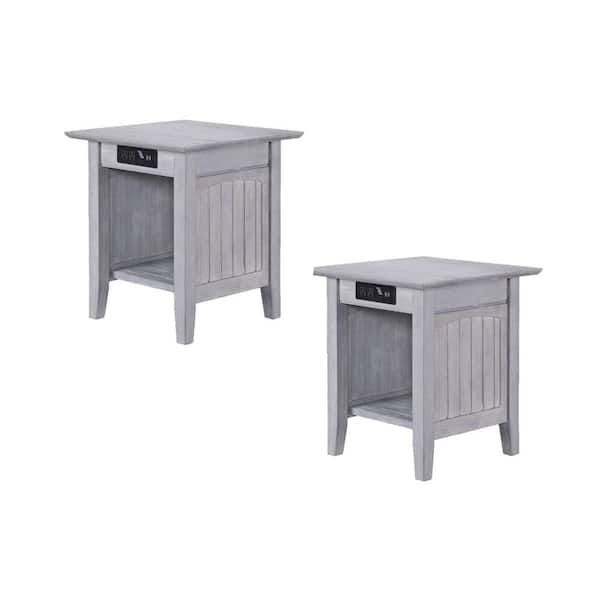 AFI Nantucket 20 in. Wide Square Driftwood Gray Solid Hardwood End Table with USB Electronics Device Charger Set of 2