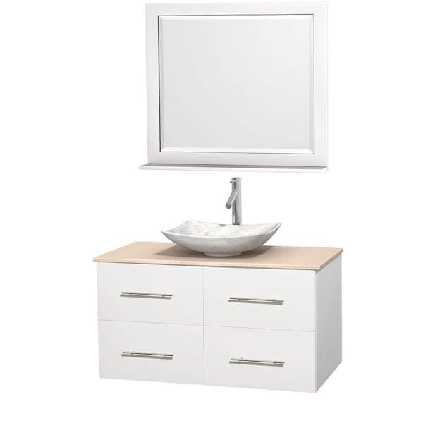 Wyndham Collection Centra 42 in. Vanity in White with Marble Vanity Top in Ivory, Carrara White Marble Sink and 36 in. Mirror