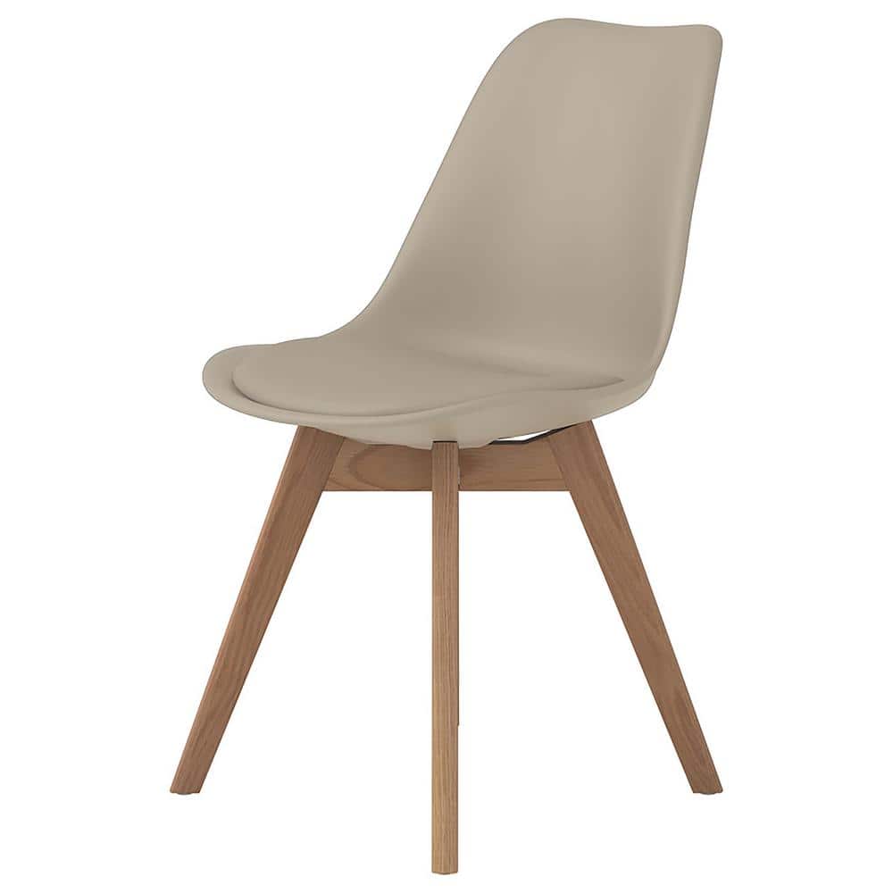 Tan Upholstered Transitional Side Chair with Oak Legs