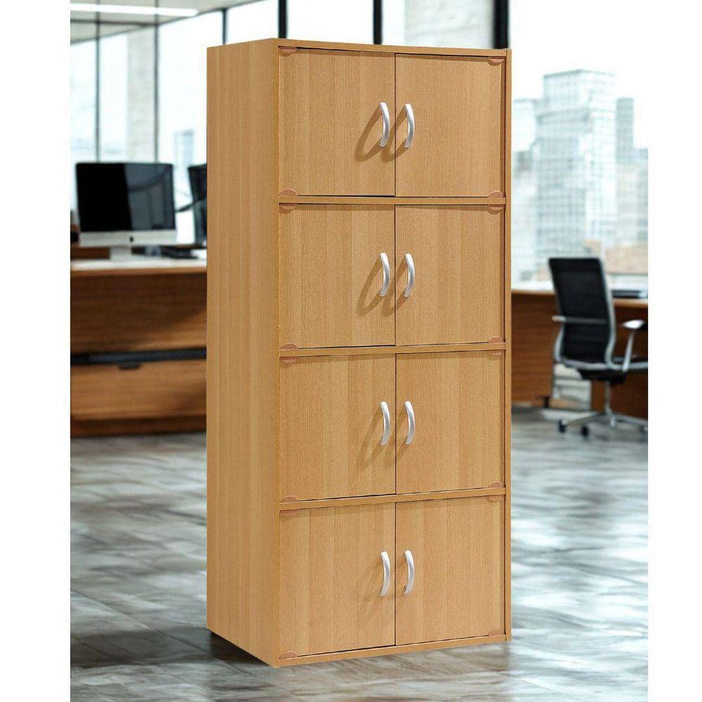 54.2 in. Tall Beech Wood 4-Shelf Bookcase with 8-Doors Enclosed Storage 4-Tier Bookshelf for Home or Office