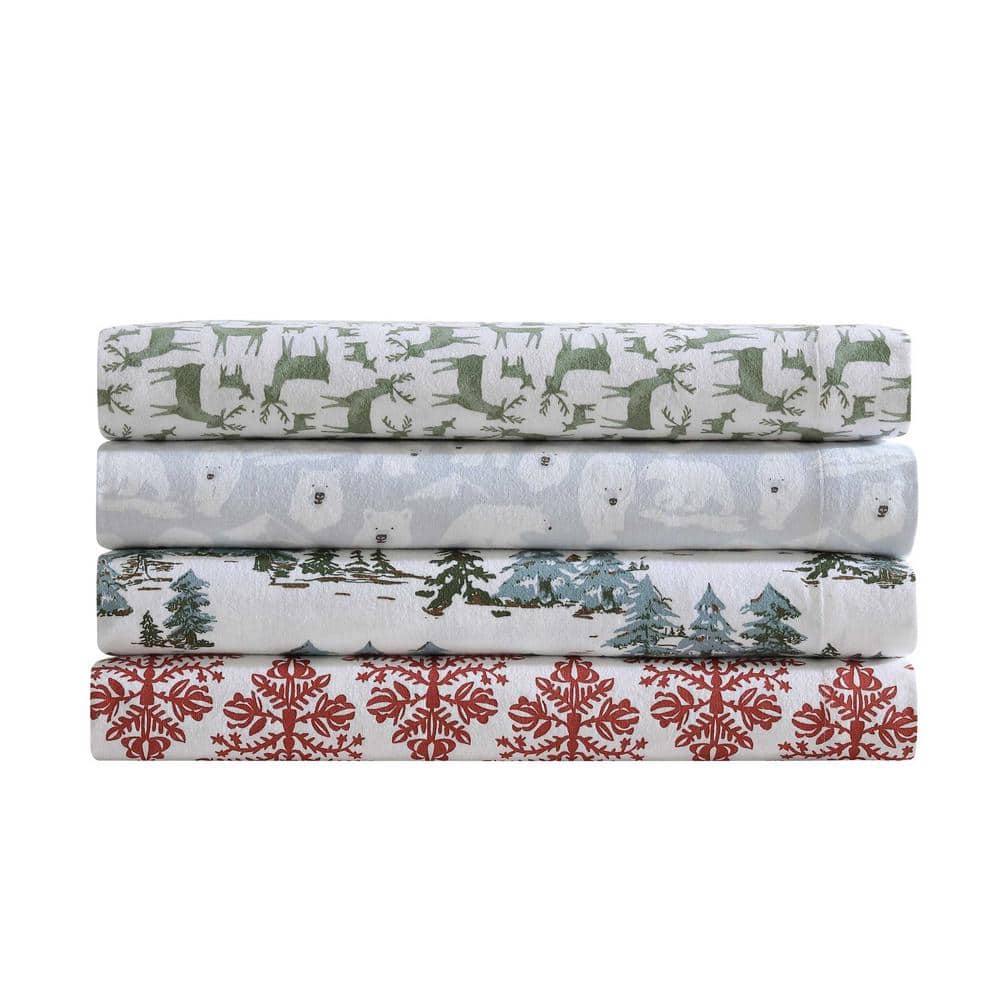 Twin Green Cotton Flannel Sheet Set with Snowy Pine Trees Print