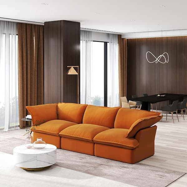 J&E Home 122 in. Flared Arm 3-Piece linen Modular Sectional Sofa in. Orange