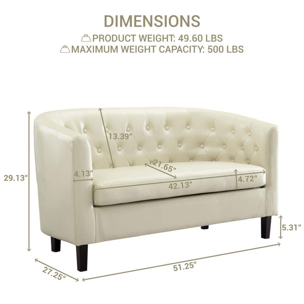 Cream Tufted Faux Leather Loveseat with Wooden Legs