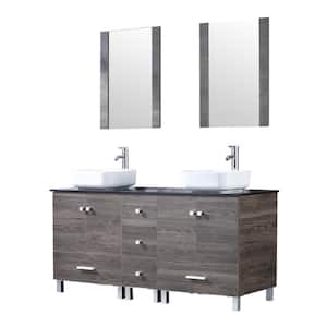 Wonline 60 in. Brown Bathroom Vanity with Sink, Bathroom Sink Vanity Set with Black Glass Countertops with Mirror