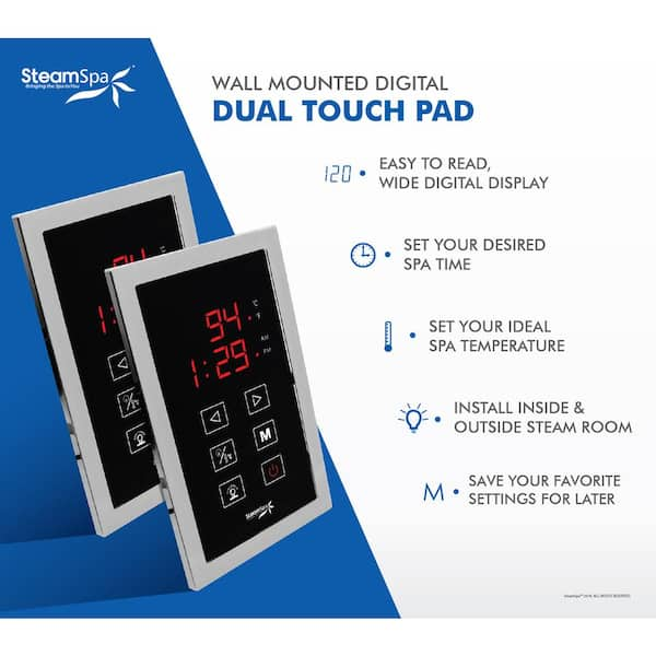 Steam Bath Generator Dual Unit Easy Touch Control Panel with Temp Sensor Digital Display and Memory in Polished Chrome