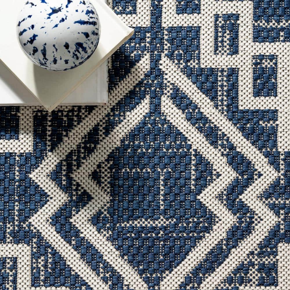 Navy and Ivory Synthetic Diamond Pattern Runner Rug, 2' x 8'