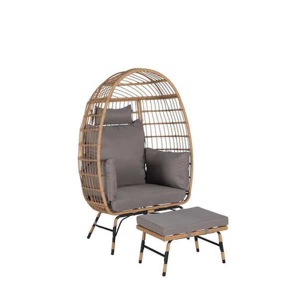 Wicker Outdoor Lounge Chair, Egg Chair with Dark Gray Cushions and Ottoman