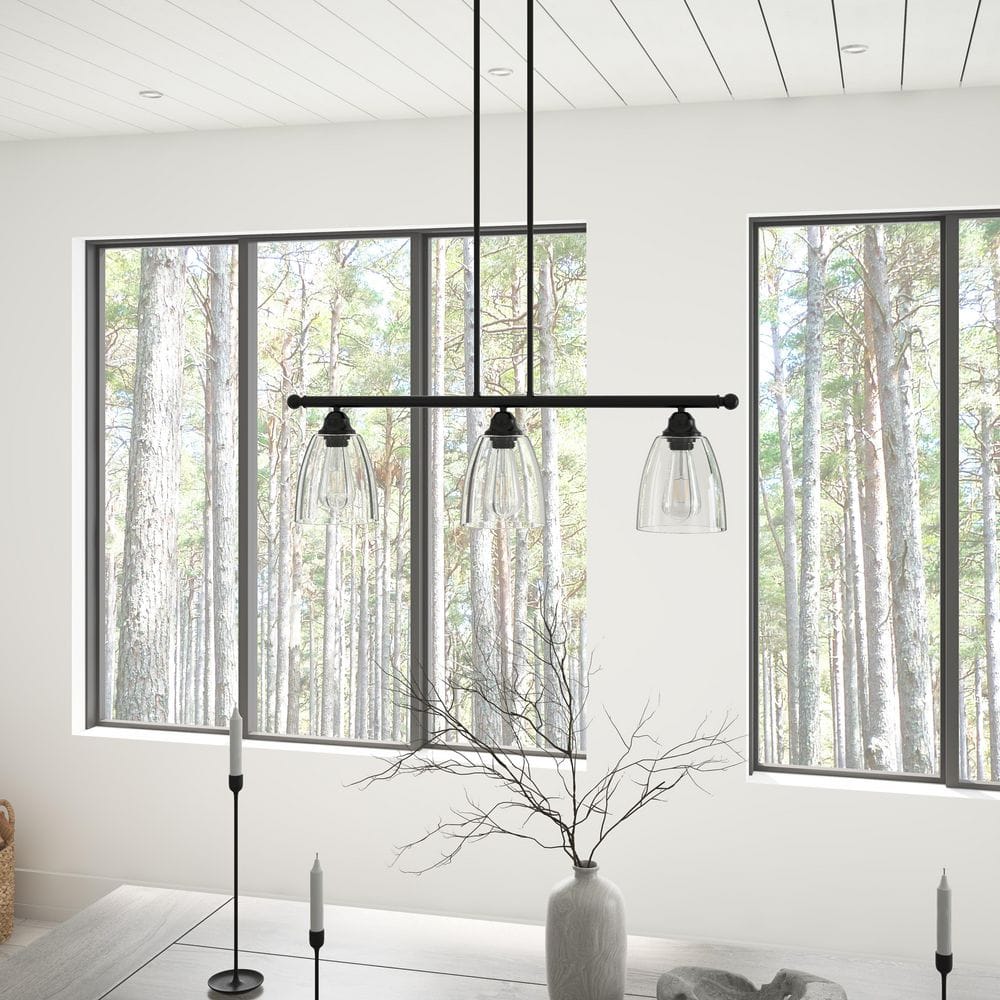 Farmhouse 3-Light Black Metal and Clear Glass Tiered Kitchen Island Pendant