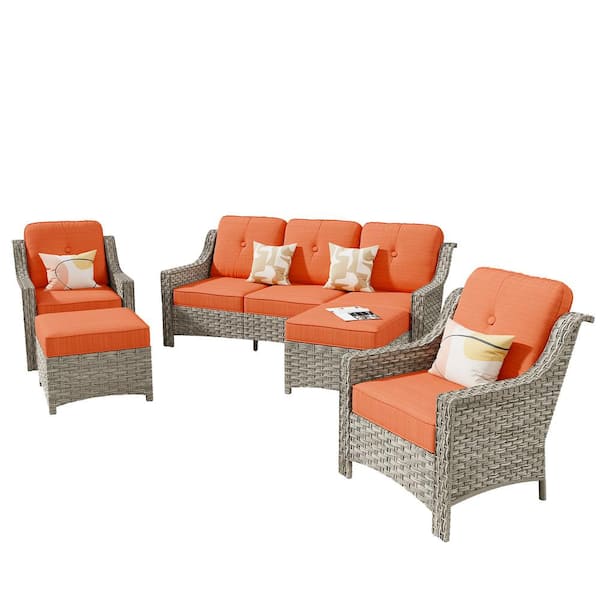 Freddie 5-Piece Wicker Outdoor Patio Conversation Seating Sofa Set with Orange Red Cushions