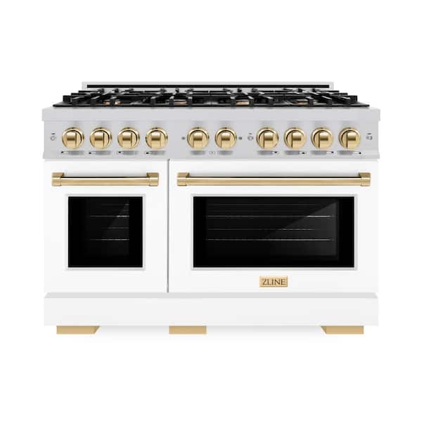 ZLINE Kitchen and Bath Select 48 in. 8-Burner Gas Range with Double Oven in Stainless Steel, Matte White, and Polished Gold
