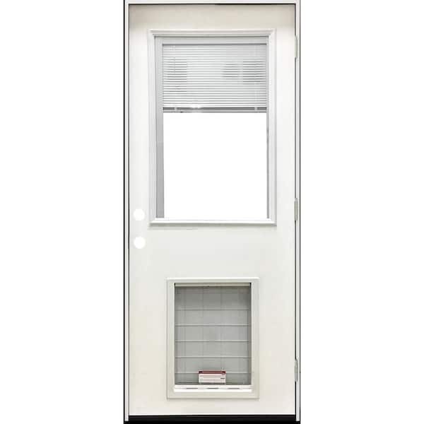 Steves & Sons 32 in. x 80 in. Reliant Series Clear Mini-Blind LHOS White Primed Fiberglass Prehung Back Door with Extra Large Pet Door