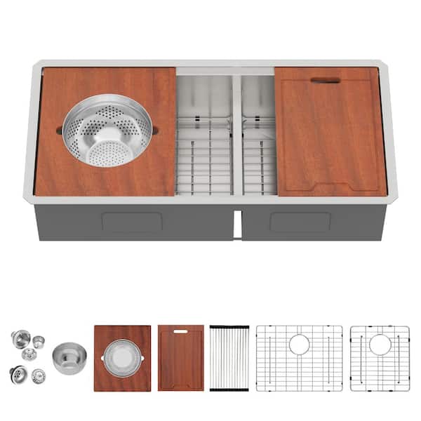 39 in. Undermount Double Bowl (60/40) 16 Gauge Brushed Nickel Stainless Steel Kitchen Sink with Cutting Board, Strainer