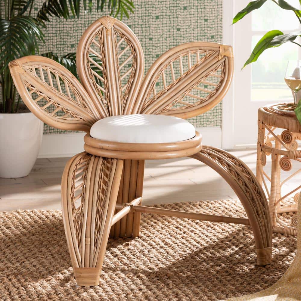 Handcrafted Natural Rattan Leaf Accent Chair with White Cushion