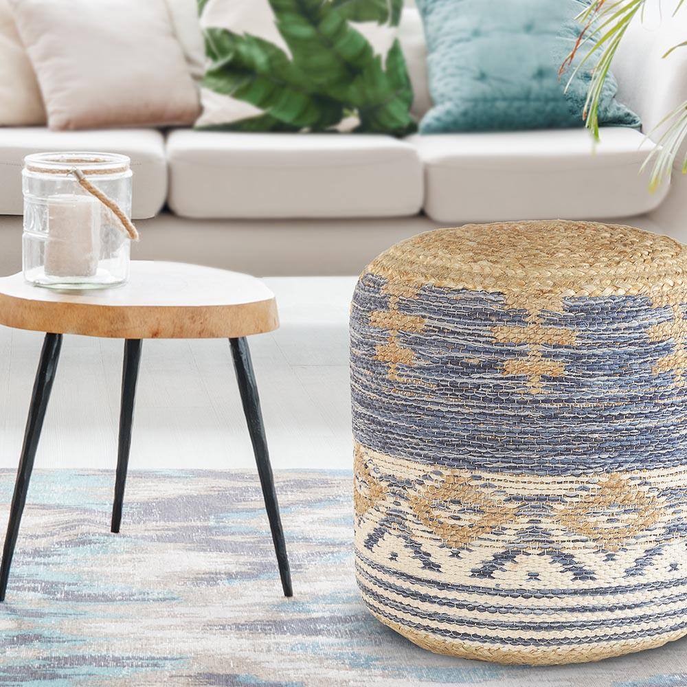 Natural Navy Jute Round Pouf with Geometric Pattern
