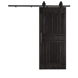 36 in. x 84 in. Half Grille Design Embossing Black Knotty Wood Sliding Door With Hardware Kit