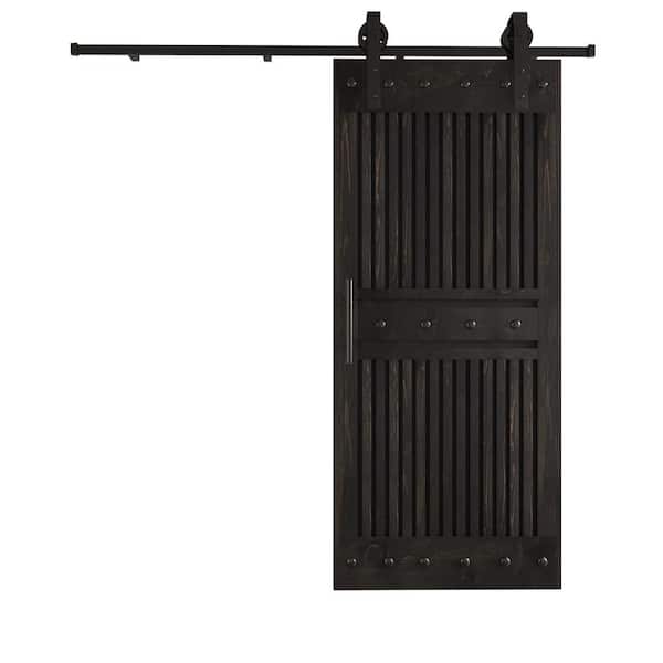 COAST SEQUOIA INC 36 in. x 84 in. Half Grille Design Embossing Black Knotty Wood Sliding Door With Hardware Kit
