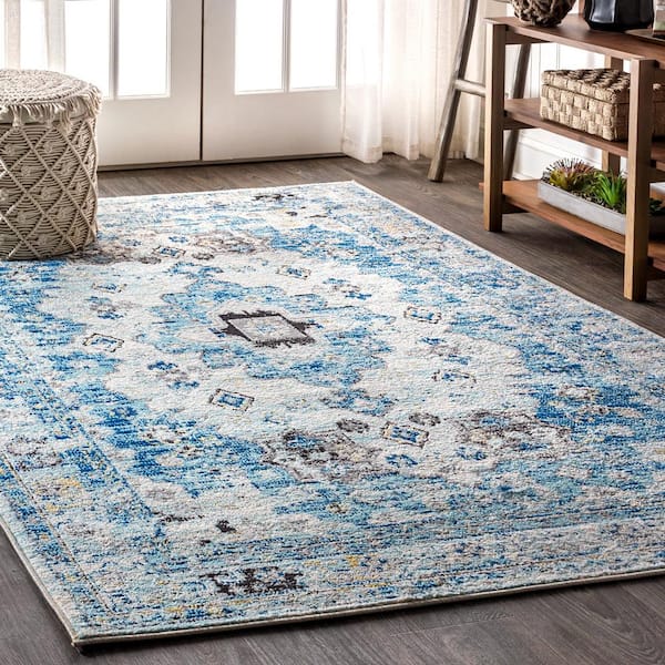 Modern Persian Boho Vintage Medallion Cream/Blue 4 ft. x 6 ft. Area Rug