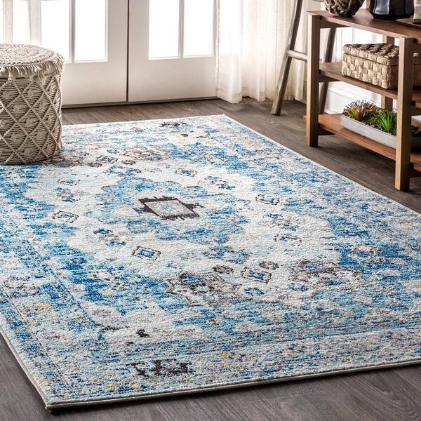 Modern Persian Boho Vintage Medallion Cream/Blue 4 ft. x 6 ft. Area Rug