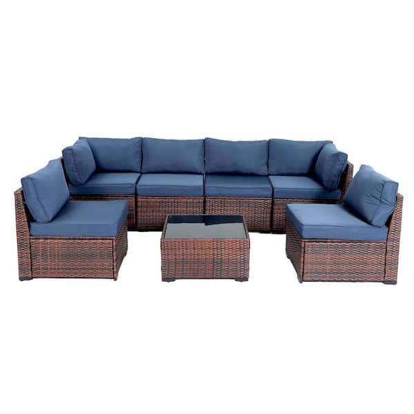 Decksplore 7-Piece Dark Blue Wicker Outdoor Furniture Conversation Set with Thick Cushions and Coffee Table