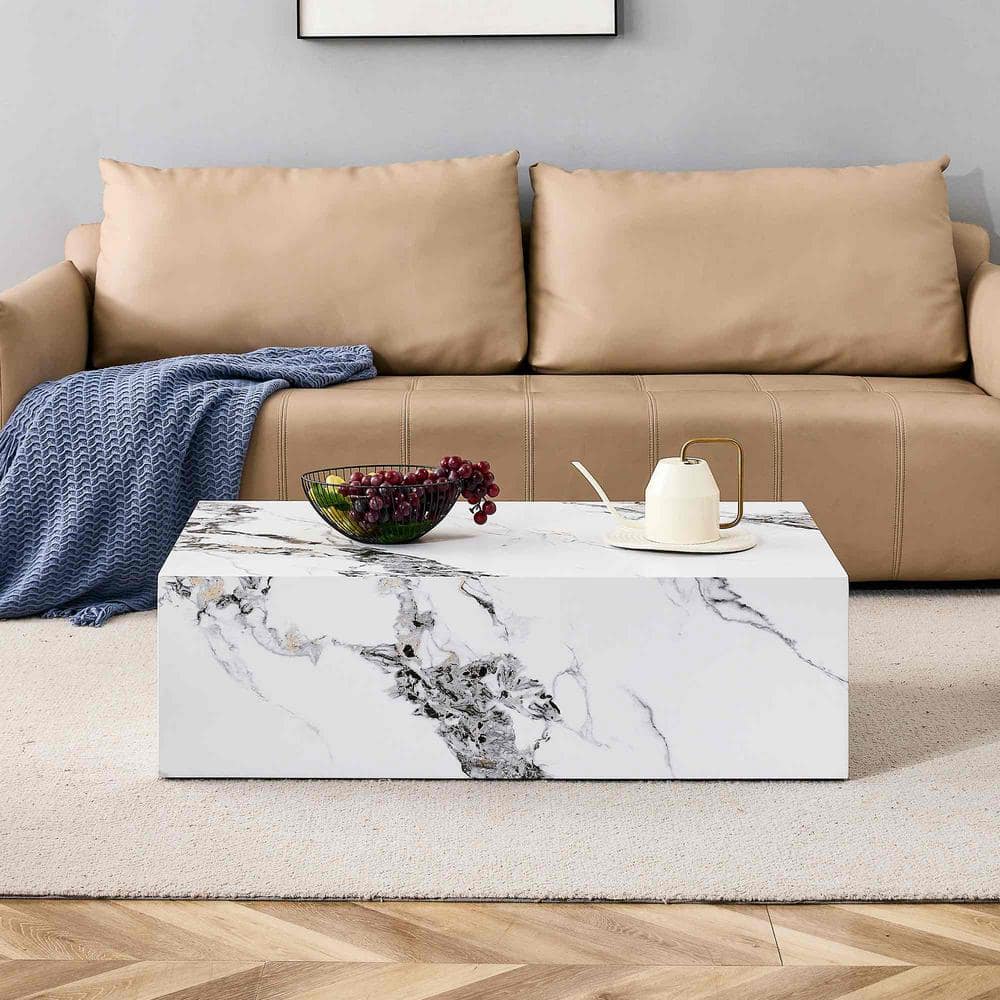 Modern 39.37 in. White Rectangle Faux Marble Coffee Table