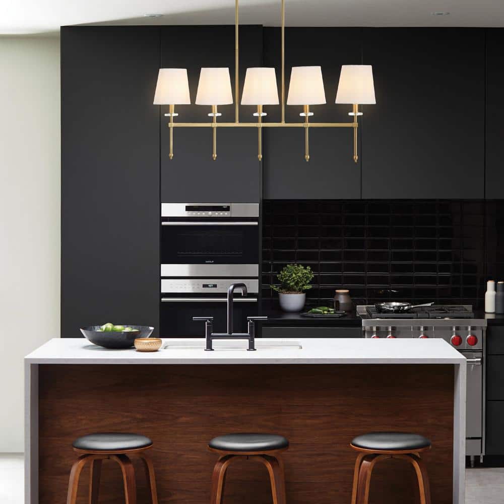 Sophie Classic 38.5" Brass Gold Linear LED Pendant with Ivory Linen Shades