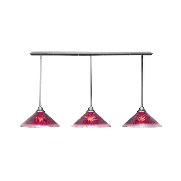 Unbranded Livingston 100-Watt 3 Light Nickel Linear Pendant Light with 16 in. Raspberry Crystal Glass Shade, No Bulbs Included