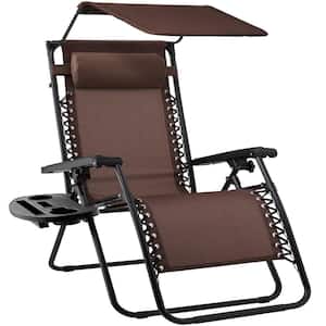 Zero Gravity Folding Reclining Brown Fabric Outdoor Lawn Chair w/Canopy Shade, Headrest Tray