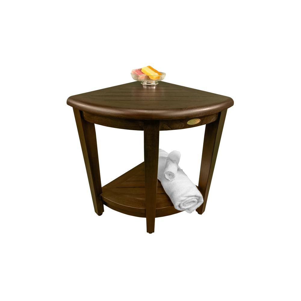 23" Dark Brown Teak Corner Shower Shelf with Adjustable Feet