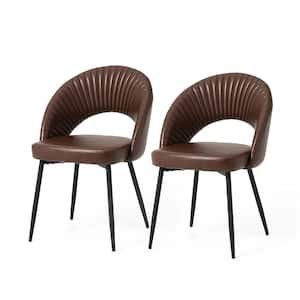 Mid-Century Modern Brown Quilted Leatherette Dining Chair with Metal Tapered Legs (Set of 2)