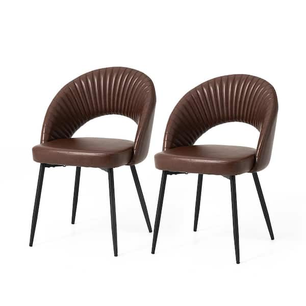 Glitzhome Mid-Century Modern Brown Quilted Leatherette Dining Chair with Metal Tapered Legs (Set ...
