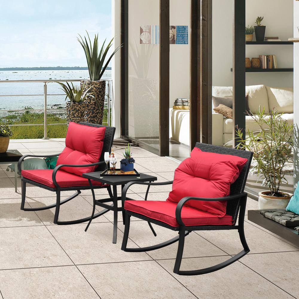 3-Piece Red Outdoor Rocking Chair Set with Cushions and Tempered Glass Table, Handwoven PE Wicker, Weather-Resistant price history on PriceWatchPro