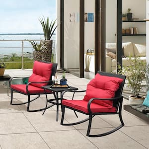 3-Piece Red Outdoor Rocking Chair Set with Cushions and Tempered Glass Table, Handwoven PE Wicker, Weather-Resistant