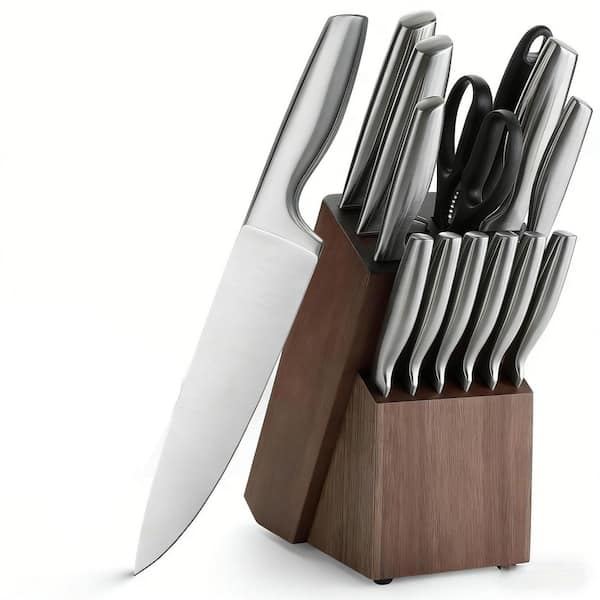 14-Piece Premium Stainless Steel Knife Block Set with Knife Walnut  Block, Rust-Proof, Gift for Homecooks