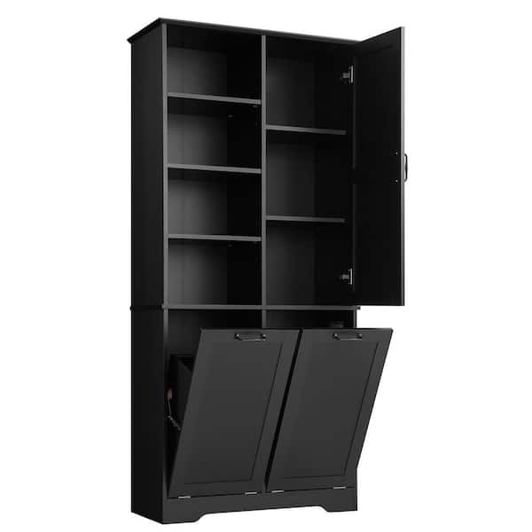 31 in. W x 14 in. D x 68 in. H Black Linen Cabinet, Storage Cabinet with Tilt-Out Laundry Hamper, Adjustable Shelves