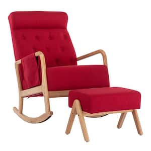 Modern Upholstered Red Fabric Rocking Chair With Wooden Base and Ottoman