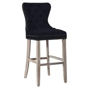 Harper 29 in. High Back Nail Head Trim Button Tufted Black Velvet Counter Stool with Solid Wood Frame in Antique Gray