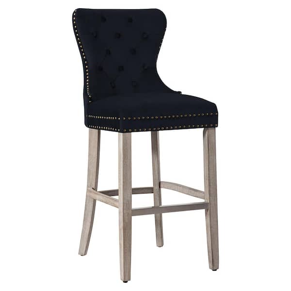 WESTINFURNITURE Harper 29 in. High Back Nail Head Trim Button Tufted Black Velvet Counter Stool with Solid Wood Frame in Antique Gray