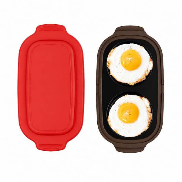 9 in. x  5 in. Red Microwave Egg Cooker and Poacher Maker for 2 Eggs, BPA-Free, Dishwasher-Safe, Metal and Silicone