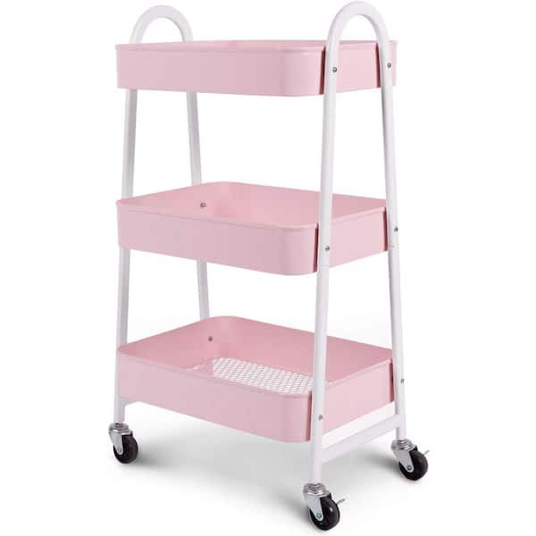 Boyel Living Pink 3-Tier Utility Rolling Cart with Large Storage and Metal Wheels