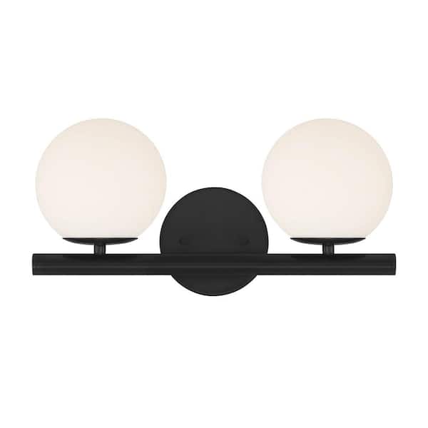 Designers Fountain Crown Heights 16.25 in. 2-Light Matte Black Contemporary Vanity with Etched Opal Glass Shades
