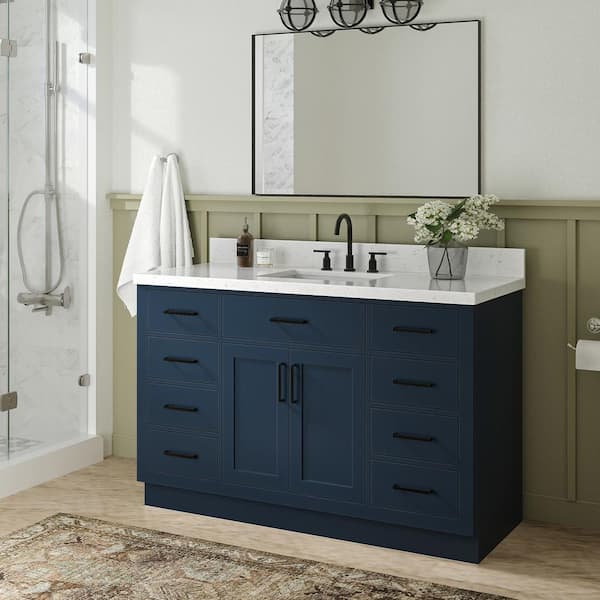 ARIEL Hepburn 54 in. W x 22 in. D x 36 in. H Single Sink Freestanding Bath Vanity in Midnight Blue with Carrara Qt. Top