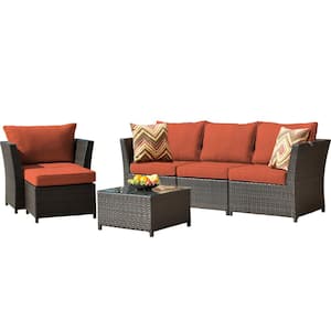 Rimaru 6-Piece Wicker Outdoor Patio Conversation Seating Set with Orange Red Cushions