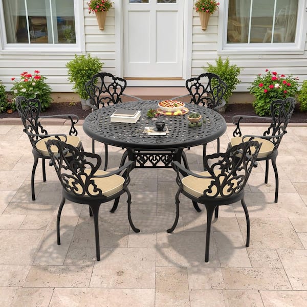 Lily Black 7-Piece Cast Aluminum Outdoor Dining Set with Round Table and Dining Chairs with Off-white Cushion